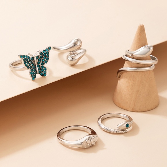 **OONA* 5-Pc Silver Snake x Butterfly Ring Set - Picture 3 of 7
